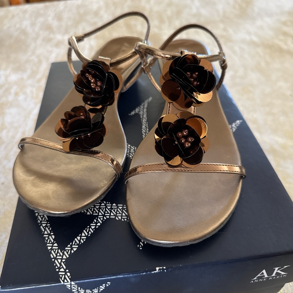 Anne Klein Women's Bronze Sandals with Floral Design